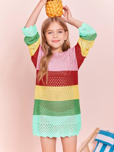 Image of Batermoon Girls Crochet Long Sleeve Swimsuit Cover Up Kids Fashion Hollow Out Swimwear Beach Dress 5-14 Years