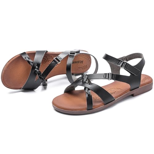 Image of Ataiwee Women's Flat Slide Sandals - Comfortable Open Toe Design,Casual Slip-On with Ankle Strap,Hook-and-Loop Closure Summer Sandals.