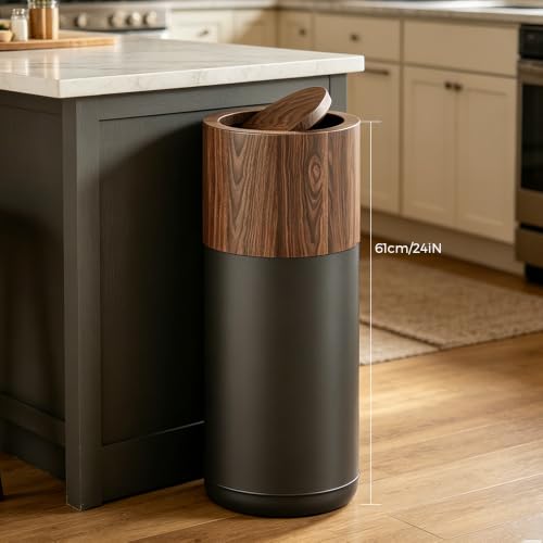 Image of 30L /8GAL Gold Brass Kitchen Trash Can,Tall Commercial Garbage can，Large Capacity FILP lid Trash can for Kitchen,Shopping mall,Elevator gate,Airport, Hotel,Commercial (Walnut)
