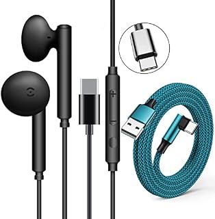 USB C Headphones Type C Earphones usb c earbuds Wired Headphones In Ear with Mic and Volume Control Noise Cancelling Earbuds Compatible with Huawei P30Pro Samsung S20 (Plus USB C Charger Cable 6FT)