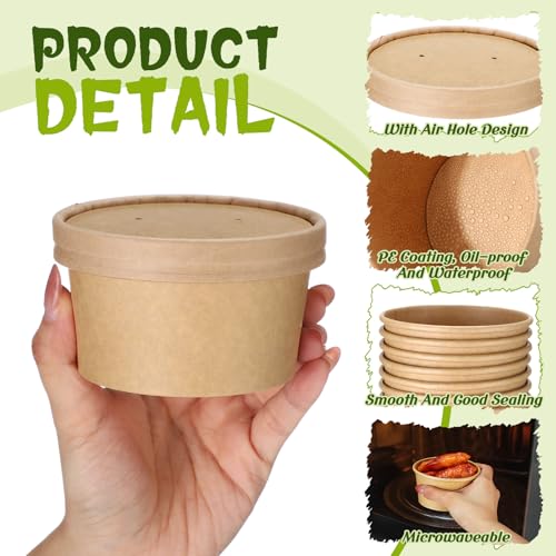 Image of Fulmoon 6 oz 100 Pack Paper Containers with Lids Soup Bowl Cup, Brown | Disposable Ice Cream Cup, Kraft Food Containers with Vented Lid Stackable for Hot Soup Dessert Cake Fruit Microwave Takeout