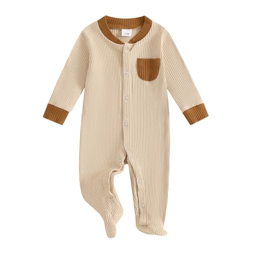 Image of Ursobutegl Newborn Baby Boy Girl Clothes Color Block Footies Romper Bodysuit Jumpsuit Button Footed Coming Home Outfits