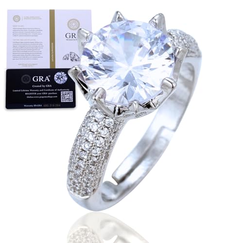 HALUKAKAH Anillo para Mujer con Moissanita D5,0 ct Plata de Ley 925 Baño en Platino con Certificado,Diamantes de Laboratorio Etéreos en Redondo Engaste Garras,para Compromisos,Bodas,Talla Ajustable