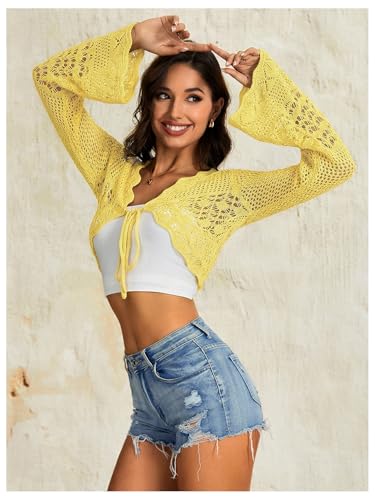 Image of OYOANGLE Women's Crochet Tie Front Sweater Cardigans Bell Sleeve Knitted Cropped Bolero Shrug Cardigan