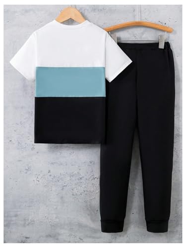 SweatyRocks Boy's 2 Piece Outfits Letter Print Colorblock Short Sleeve T Shirt and Jogger Pants Set2