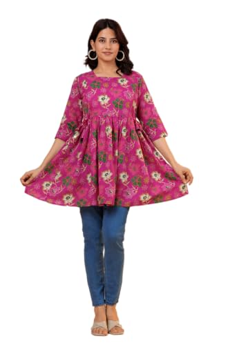 Image of THE Moon Star Women's Cotton Floral Printed Anarkali Maternity Feeding Kurti | Breastfeeding Dress for Mothers | Zipper Feeding Kurti, Nursing Kurti, Comfortable and Trendy Maternity Wear