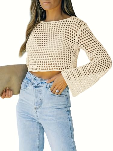 Womens Crochet Crop Top Long Sleeve See Through Hollow Out Mesh Knitted Beach Bikini Cover Ups2