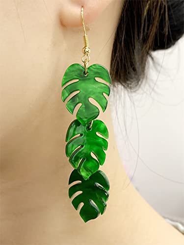 Green Palm Leaf Dangle Earrings for Women Girls Lightweight Resin Tropical Green Plant Statement Drop Fish Hook Stud Earring Fashion Cute Festival Halloween Jewelry Gifts Nature Lover (Leaves)4