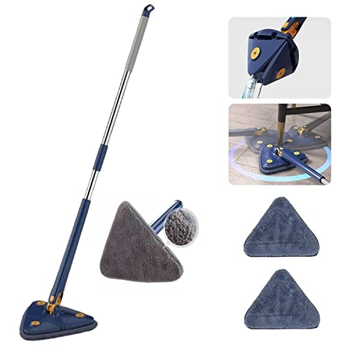 2023 New 360° Rotatable Adjustable Cleaning Mop with 2 Mop Replacement Heads, Triangle Cleaning Mops for Walls and Ceilings, Microfiber Ecloth Wet and Dry for Bathroom Floor Wall Bed Bottom (Blue)