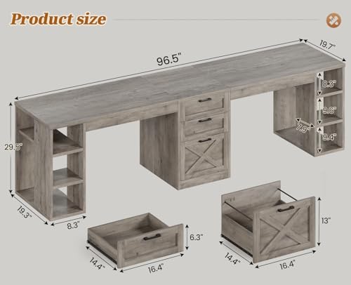 SEDETA Farmhouse 96.5" 2 Person Computer Desk with Drawers, Grey - Image 2
