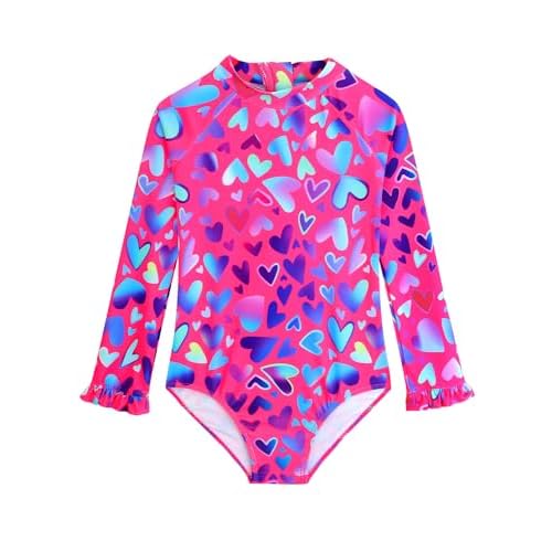 Long Sleeve One Piece Ruffle Swimsuit for Toddler Girls Baby Girl Rashguard Shirt with UPF 50+ Sun Protection Red Heart 5-6 Years