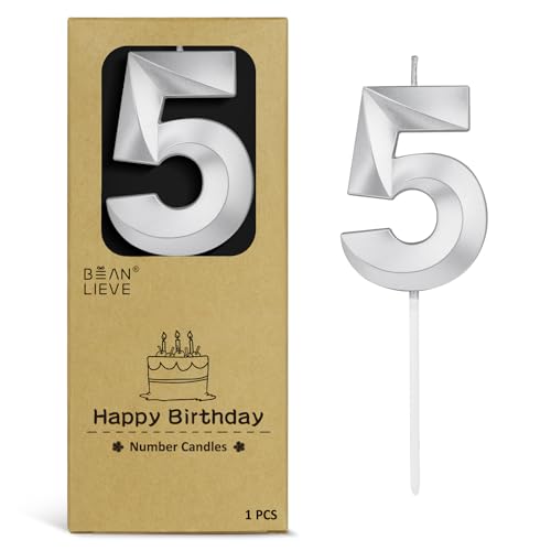 BEAN LIEVE 2.76 Inch Silver Number Candle 5 - Elegant Diamond-Cut Number Birthday Candles,Birthday Cake Topper for Wedding, Anniversary, Birthday Party Decor