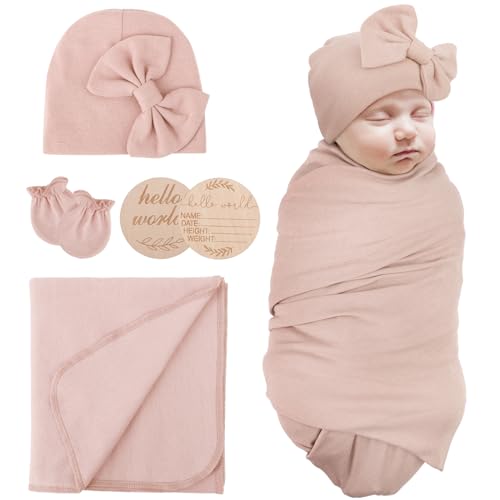 Image of AQOKKA Newborn Baby Receiving Blankets Girl with Bow Hat Mittens Wooden Birth Card Set Baby Swaddles for Newborns Toddler Gift