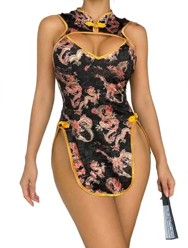 Alrovetoney Sexy Lingerie Fantasy Costume Sexy Series Printed Cut-Out Slit Womens Costume Black XL