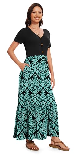 Image of VIISHOW Women's Short Sleeve Maxi Dress 2026 Summer V Neck Knit Loose Plain Empire Waist Casual Dresses with Pockets