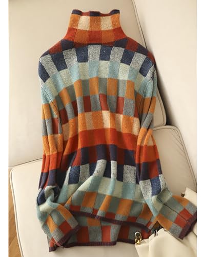 Image of CORIRESHA Women's Multicolor Checkered Turtleneck Long Sleeves Knit Casual Cozy Lazy Color Block Sweater