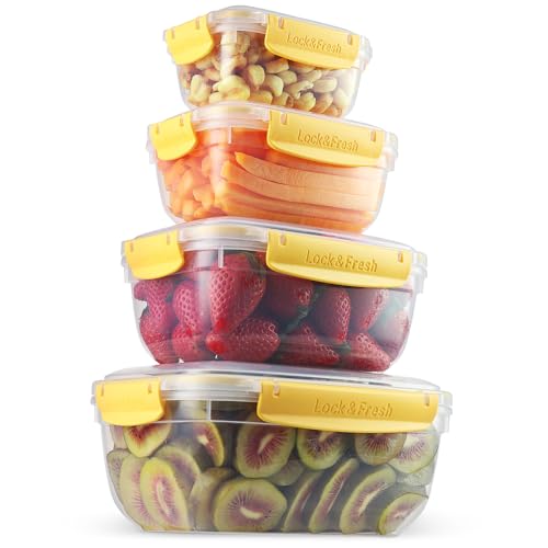 Image of Superio Plastic Airtight Food Storage Containers, Set of 4 Sealed Clear Container Bowls with Lids, BPA Free, Rectangular, Yellow