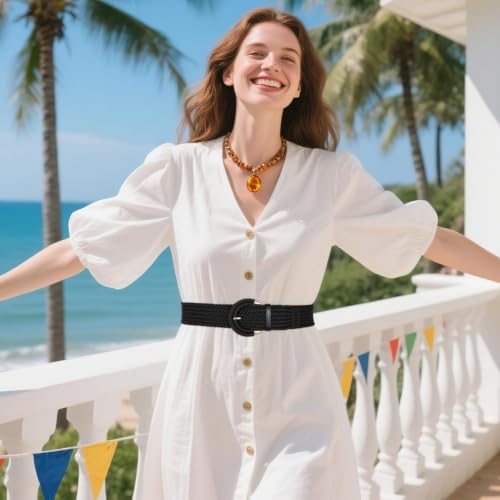 Image of SANSTHS Women Wide Woven Belt for Dresses Fashion Rattan Braided Waist Belt Straw Raffia Boho Belt for Jeans