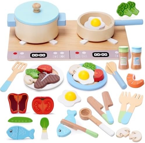 Play Kitchen Accessories, Wooden Play Cooking Set, Pretend Play Kitchen Set for Kids, Including Stove, Cookware Pots and Pans, Cooking Utensils Playset, Cutting Food Playset for Girls Boys Toddler
