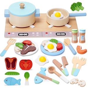 Teneytoyz Kinderküche Zubehör Holz, 27 PCS Spielküche Zubehör, Holzspielzeug Inklusive Topfset Küchenspielzeug und Obst zum Schneiden, Kinderküche Rollenspiele Jungen und Mädchen Geschenke 3 Jahre