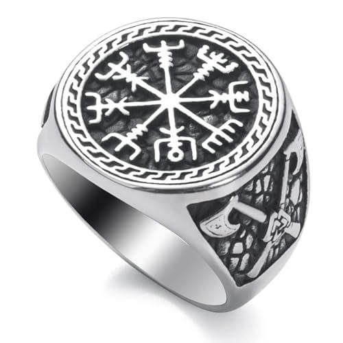 WESTMIAJW Viking Ring Men Viking Norse Compass Vegvisir Rings Jewellery for Men Size Y