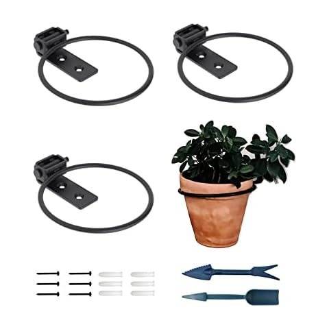 4 Inch Plant Hangers Outdoor and Indoor Ring Holder 3 Pack - Wall Hook Metal Plant Stand Planters - Black Flower Pot Ring Set with Garden Shovel Cover