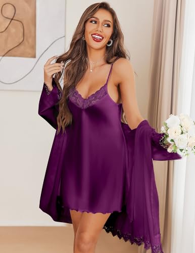 Image of Ekouaer Lingerie for Women 2 Pack Silk Nightgowns Babydoll Negligee Sexy Slip Nighty Satin Chemise Teddy Sleepwear