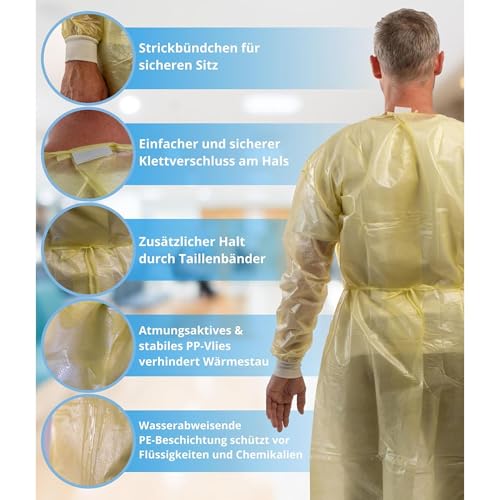 ADEBO Medical® | 10St. | Gelb | Einweg PP+PE Schutzkittel Optimaler Schutz Einmal Kittel mit Strickbündchen & Klettverschluss – Premium OP Kittel (125x140cm)