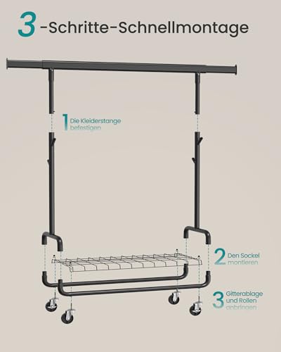 SONGMICS Kleiderständer, Schwerlast-Garderobenständer, auf Rollen, ausziehbare Kleiderstange, verstellbare Höhe, mit Ablage, Haken, tintenschwarz HSR014B01