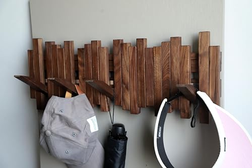 Image of Natural Wood Wall Mounted Piano Coat Rack| Coat Rack Wall Mount| Flip Down Wall Hook Rack| Handmade Storage Rack 5 Hooks,Made of Black Walnut