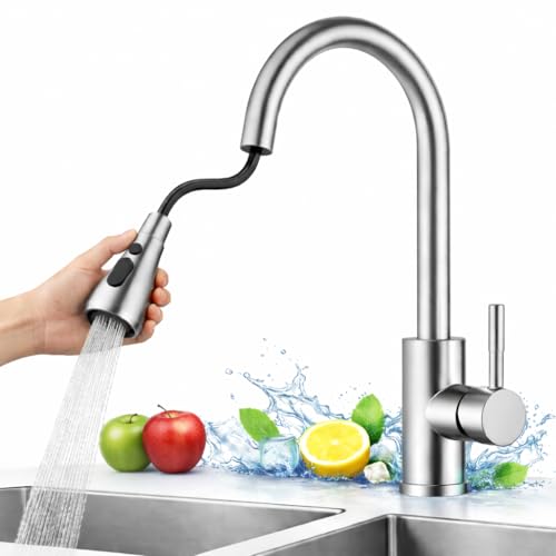 VOLTGY – Mitigeur de cuisine extensible en acier inoxydable. 3 fonctions : 2 jets et pause. Robinet extractible pour évier.