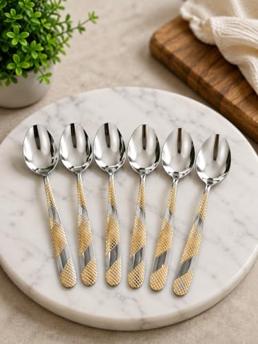 Image of Golden Coffee Spoon (Pack of 6) 15 cm Long Premium Golden Finish Stainless Steel Luxury Tea & Coffee Spoons Dessert, Soup, Daily Use Elegant Gold Tableware with Modern (Silver)