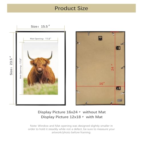 Image of Golden State Art, 16x24 Picture Frame Set of 3, Black Thin Border, Display Photo 12x18 with Mat or 16x24 Without Mat, Poster Frame for Wall Hanging Horizontal and Vertical