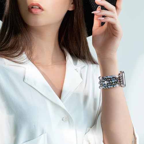 Image of MOFREE Beaded Bracelet Compatible for Apple Watch Band 45mm /44mm /42mm Women, Fashion Handmade Pearl Beads Elastic Stretch Strap for iWatch Series 10 /9 /8 /7 /SE /6 /5 /4 /3 /2 /1 Bue