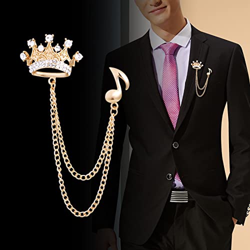 Image of coadipress Crown With Hanging Chain Brooch for Women Men Elegant Gentlemen Gold Silver Crystal Crown Lapel Pin Vintage Rhinestone Wedding Brooch Suit Shirt Pin Accessories