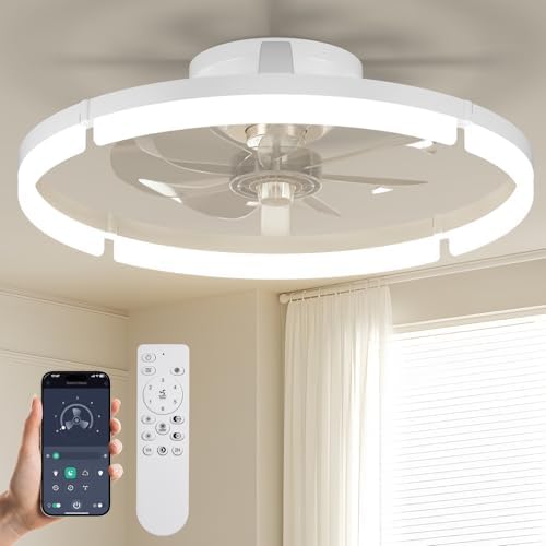 20” Low Profile Ceiling Fan with Lights and Remote, Dimmable LED Flush Mount Fandelier, 6 Speeds, 3000K–6000K, White Modern Ceiling Fan for Bedroom, Kitchen, Living Room