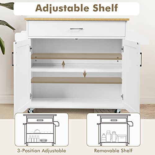 Costway Kitchen Island Cart, Rolling Storage Trolley Cart With Lockable Rubber Wheels, Large Cabinet, Drawer, Spice Rack And Towel Rack, Kitchen Serving Utility, 3-Position Adjustable Shelf (White) #TOP2