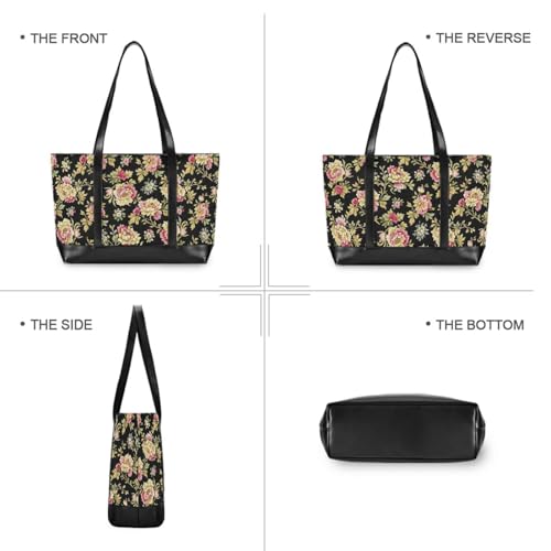Baroque Style Retro Beige Flowers classy canvas laptop tote bag with zipper for university with Personalized maletin ejecutivo para mujer3