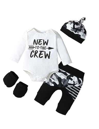 Image of puseky 4pcs Newborn Baby Boys Clothes Skull Romper+Pants+Hat+Mitten Baby Boy Halloween Outfit Set