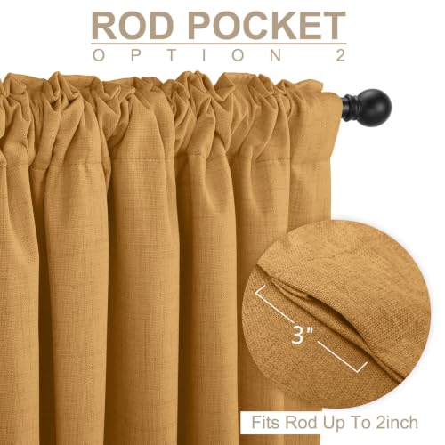 Image of Faux Linen Total Blackout Curtains for Bedroom 102 Inch Long Mustard Yellow