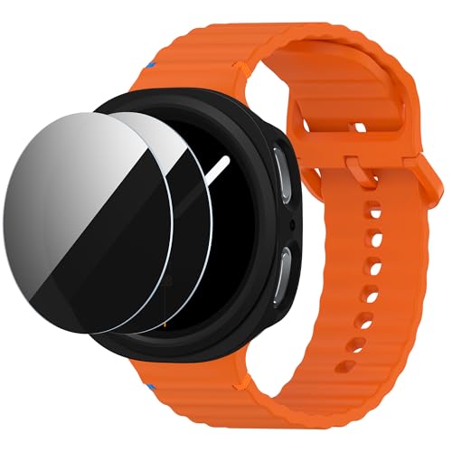 Suoman for Samsung Galaxy Watch 8 40MM Bands, Soft Silicone Breathable Strap with Privacy Case, Tempered Glass Screen Protector, Hard PC Hollow Out Bumper Protective Cover for Samsung Galaxy Watch 8-Orange