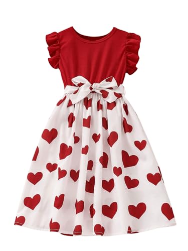 SweatyRocks Girl's Cute Heart Print Belted High Waist Ruffle Hem Flared A Line Short Dress