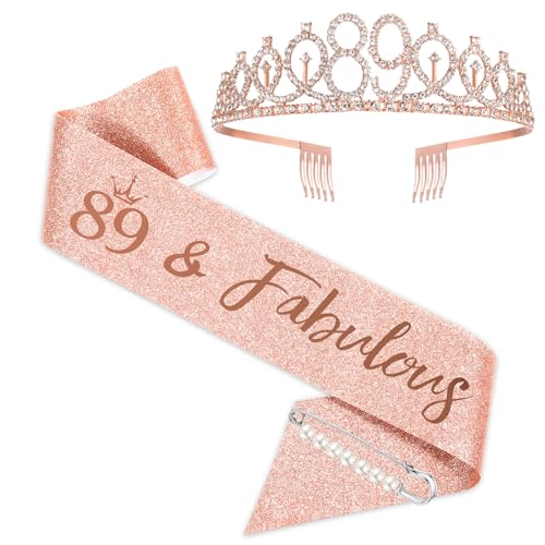BRT Bearingshui 89th Birthday Sash and Tiara for Woman, Rose Gold Birthday Sash Crown 89 Fabulous Sash and Tiara for Woman, 89th Birthday Gifts for Happy 89th Birthday Party Favor Supplies