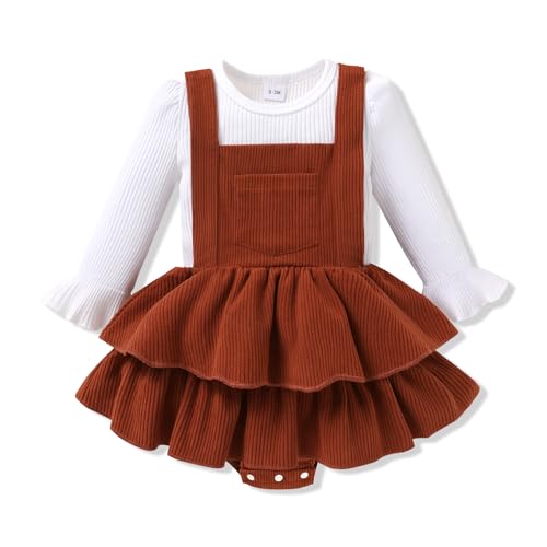 YOUNGER TREE Newborn Baby Girl Fall Winter Outfits Long Sleeve Romper Corduroy Overall Dress Infant Skirt Clothes Sets(White Romper and rust skirt outfits,0-3 Months)
