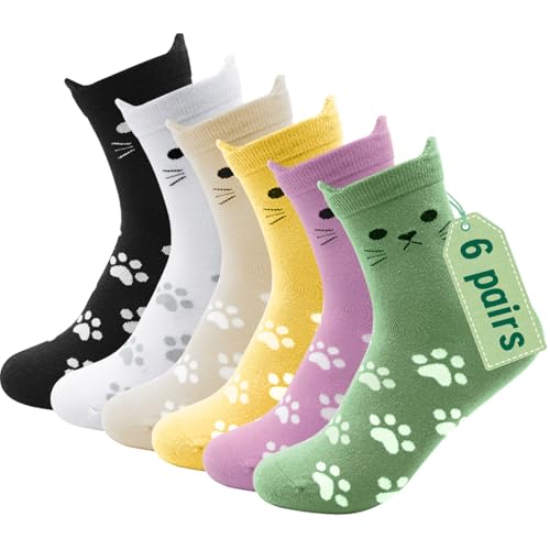 CASMOS Colorful Cat Socks Women Thin,Cute Womens Socks Crew Cotton,Fashion Funny Novelty Cozy Casual Everyday Breathable Stocking Stuffers Funny Gifts for Cat Lovers for Women Sock Size 7-9 6 Pairs