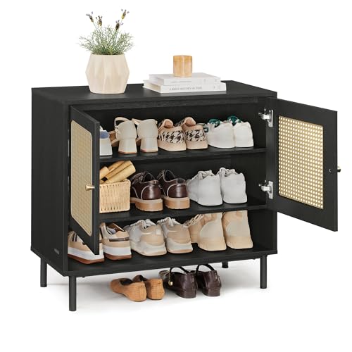 VASAGLE Natural Rattan 3-Tier Shoe Cabinet, 16 Pair Shoe Storage Cabinet, Boho Style Shoe Organizer with Height-Adjustable Shelves and Steel Legs, for Entryway, Closet, Hallway, Ash Black ULBC049B01