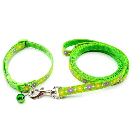 Small Dog Puppy Pet Collar and Lead Set Flower Design Nylon Adjustable Size 19-32cm Collar with Bell and 120cm Leash Green - Image 2