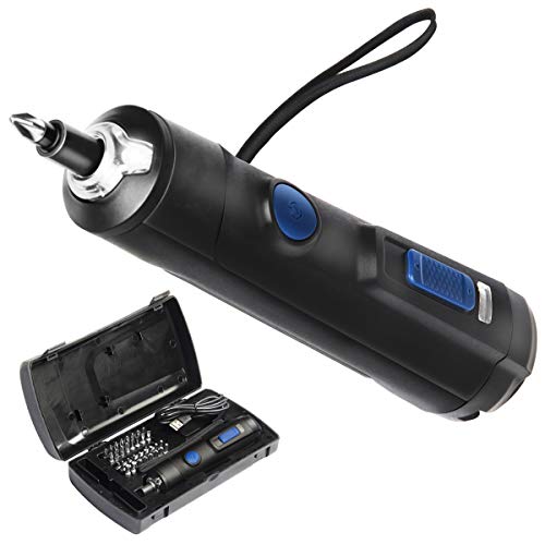 Rechargeable 4V Cordless Screwdriver, PROSTORMER Palm-sized Electric Screwdriver 1500mAh Lithium-Ion with LED Light, 33-Piece Bit Set Free Accessories and USB Charging Cable