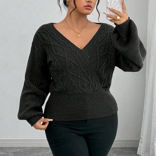 Image of ZAFUL Women's V Neck Cable Knit Sweater Long Sleeve Ribbed Crop Tops Wrap Surplice Solid Casual Pullover Jumper