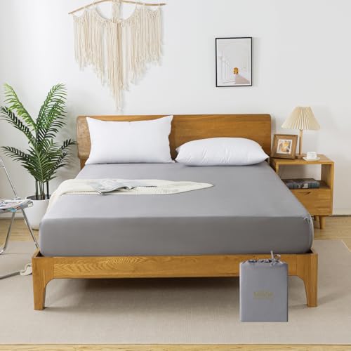 bienDo Sabanas Bajera, 140x200, Bambú-Seda Vegana, Sábana Verano Refrescante, Bolsillo 35 cm, Más Transpirable y Suave Que el Algodón Egipcio, Bamboo Bed Sheet Hipoalergénico y Refrigerantes-Gris